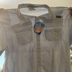 Men’s Columbia Super Tamiami Short Sleeve shirt white and blue UPF 40 Omni shade